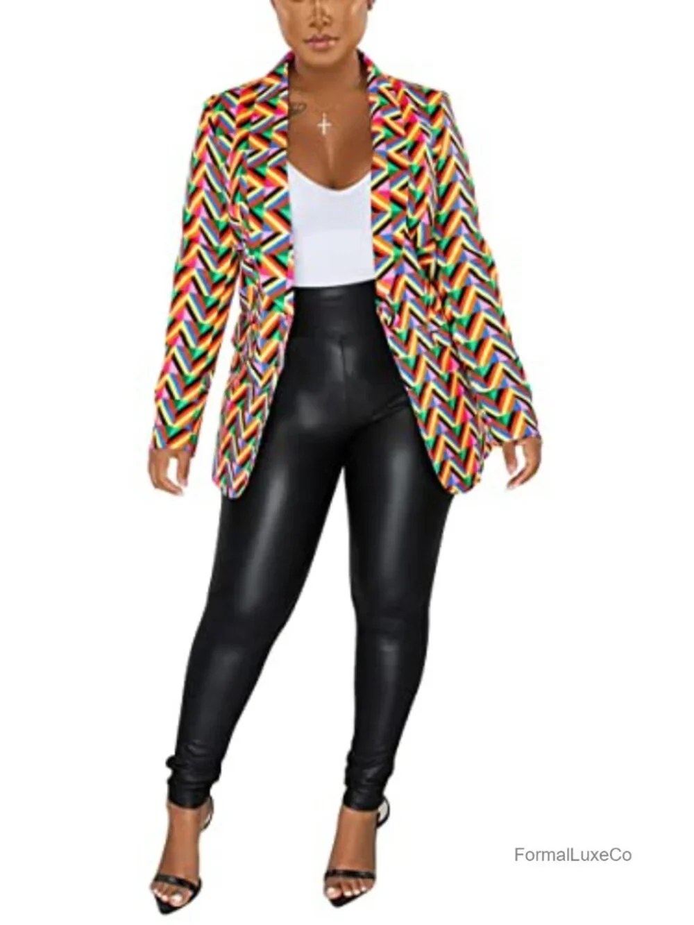 Graphic Print Blazer Button Open Front Long Sleeve Casual Jacket